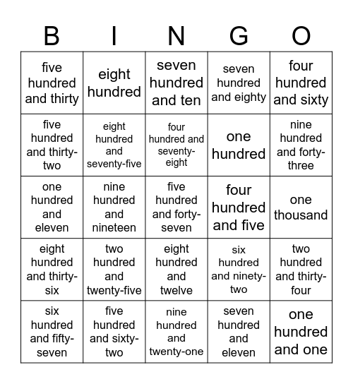 NUMBERS FROM 100-1000 Bingo Card