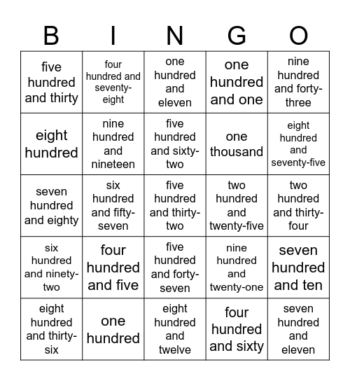 NUMBERS FROM 100-1000 Bingo Card