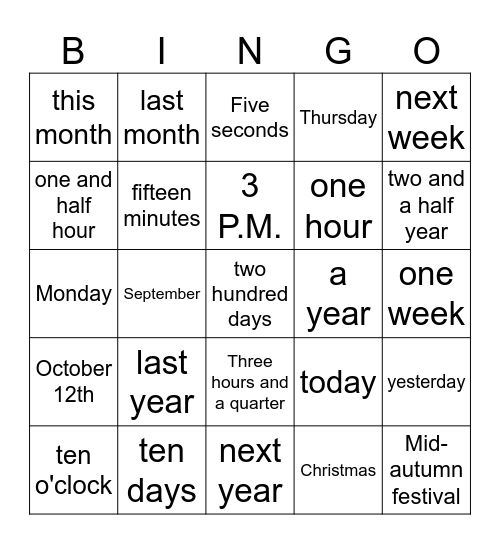 用中文说时间 Bingo Card