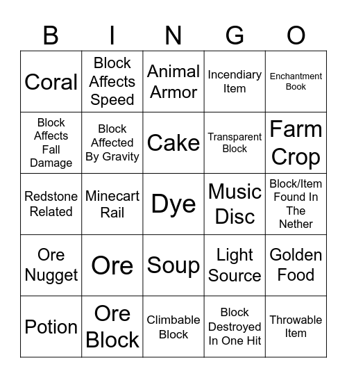 Minecraft Blocks/Items Bingo Card