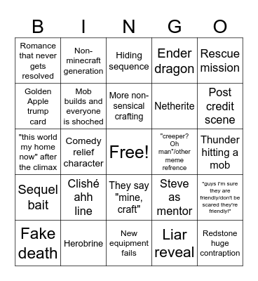 Minecraft movie bingo Card