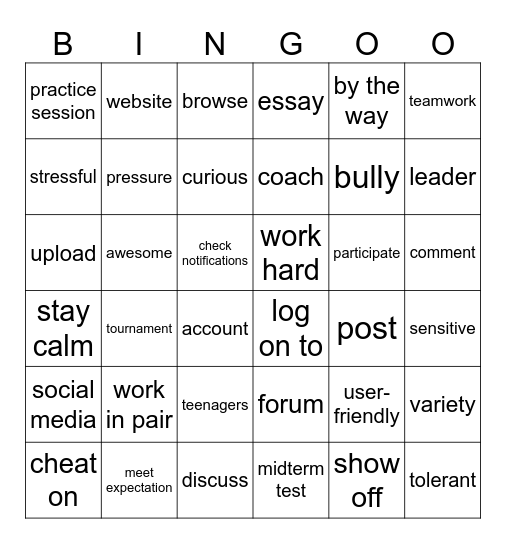 UNIT 3:TEENAGERS Bingo Card