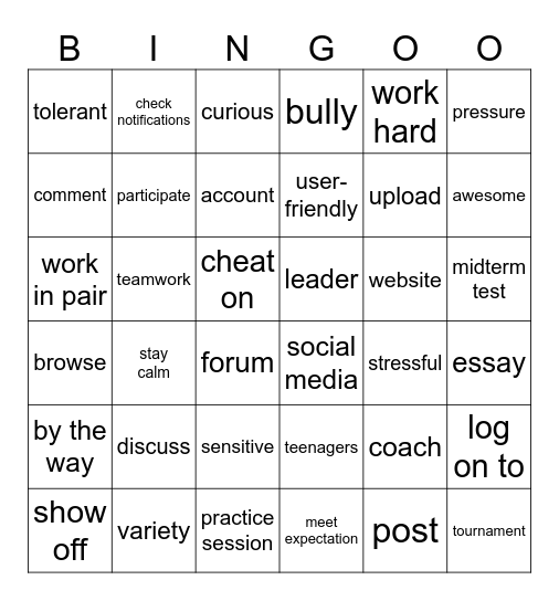 UNIT 3:TEENAGERS Bingo Card