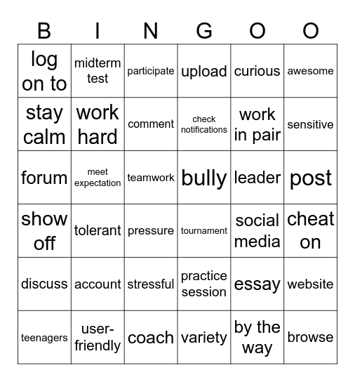 UNIT 3:TEENAGERS Bingo Card