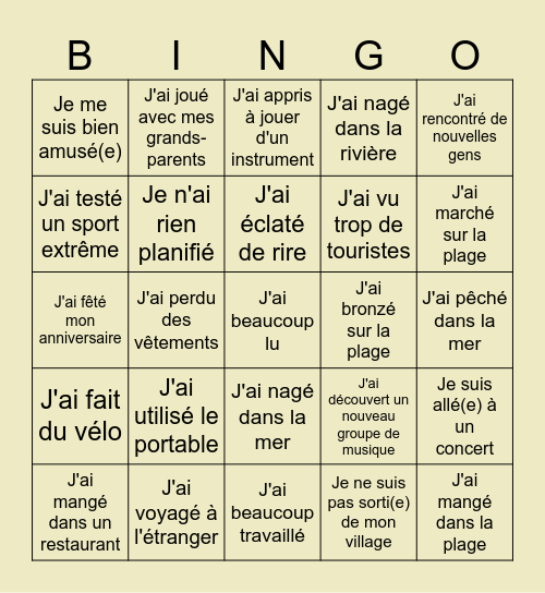 Tu as fait quoi en vacances ? Bingo Card