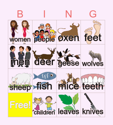 Irregular plural nouns Bingo Card