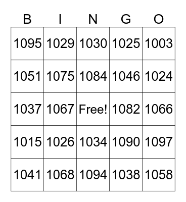 Number Bingo Card