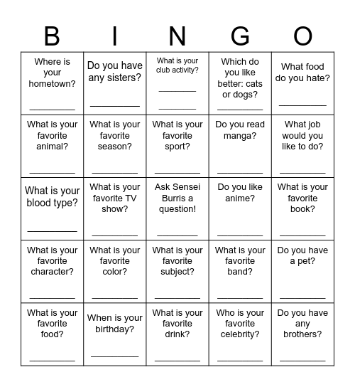 Get to know each other! Bingo Card