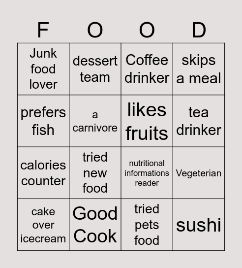 Food Bingo Card