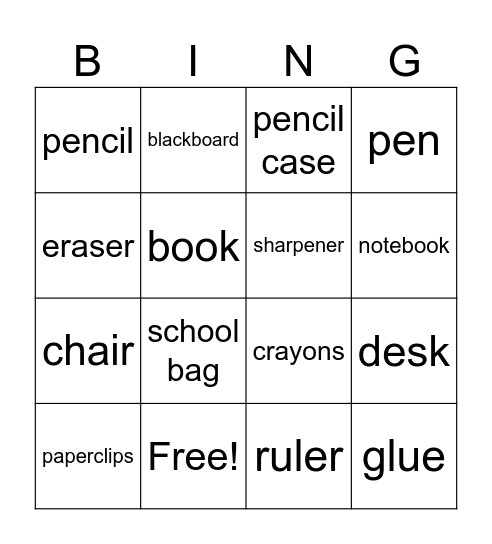 Classroom objects Bingo Card