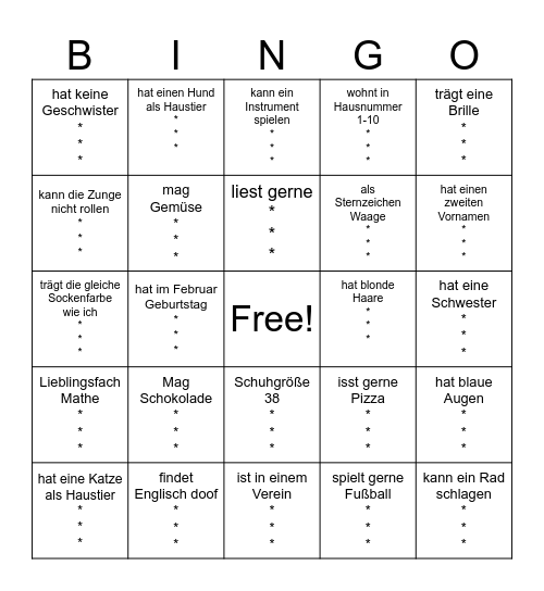 Kennenlernen - finde je 3 Personen! Bingo Card