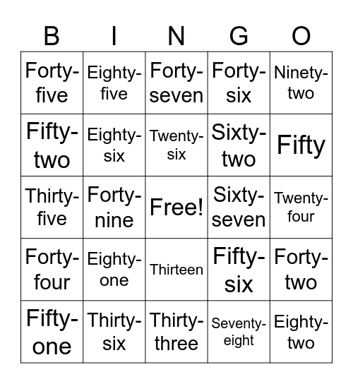 Number words Bingo Card