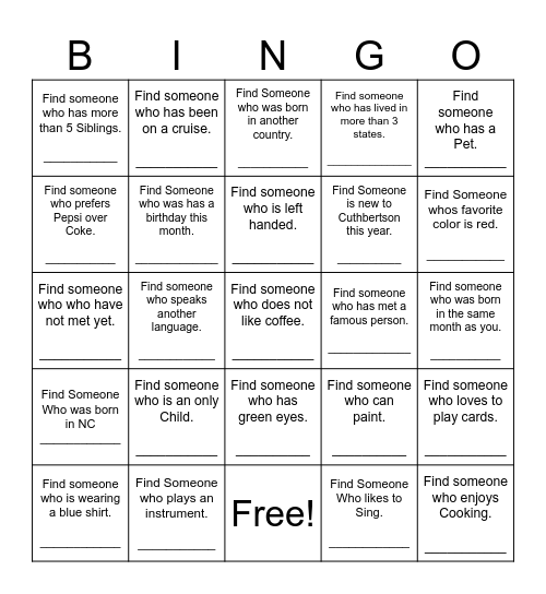 Find Someone Who Bingo Card