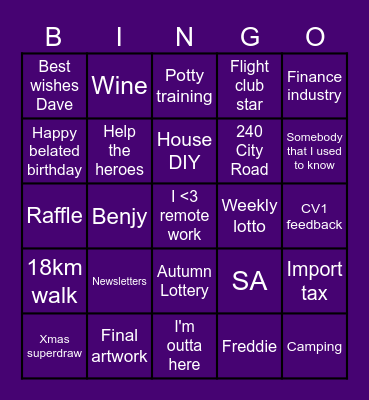 Dave's Leaving Bingo Card