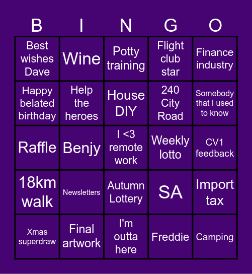 Dave's Leaving Bingo Card