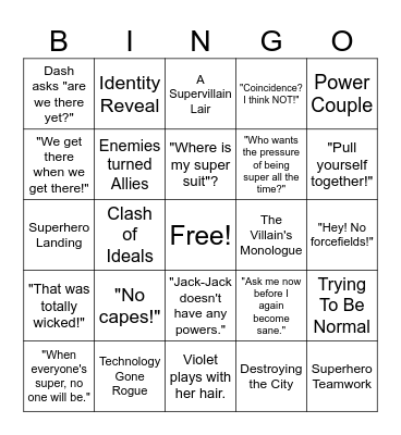 THE INCREDIBLES BINGO Card