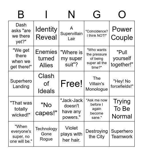 THE INCREDIBLES BINGO Card