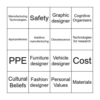 Design & Technology Bingo Card