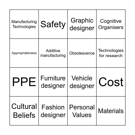 Design & Technology Bingo Card