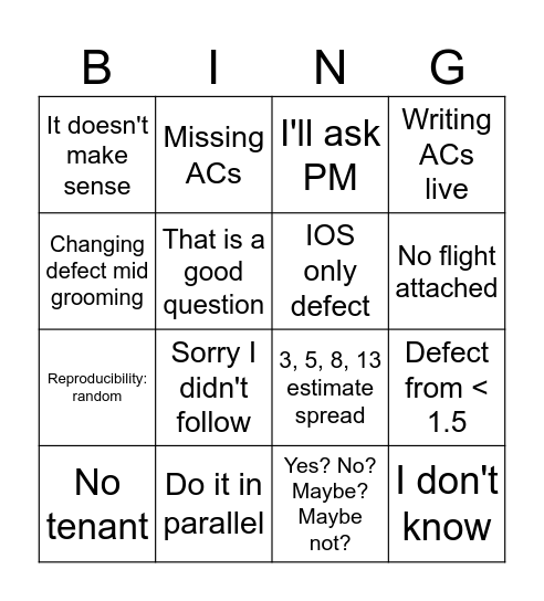 Grooming Bingo Card