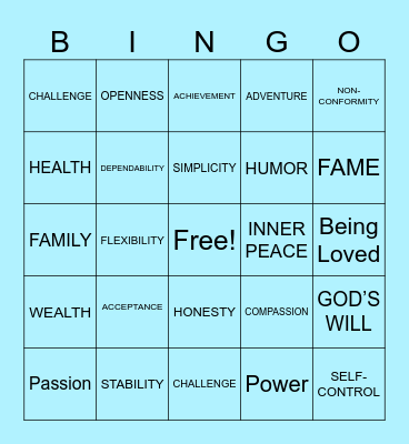 VALUES Bingo Card