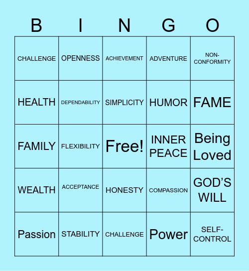 VALUES Bingo Card