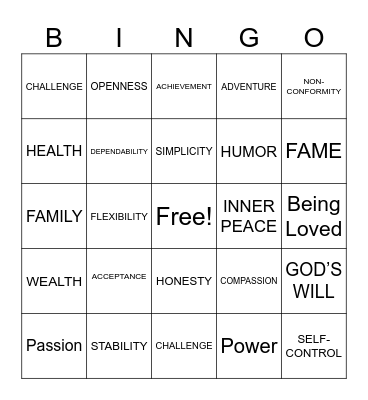 VALUES Bingo Card