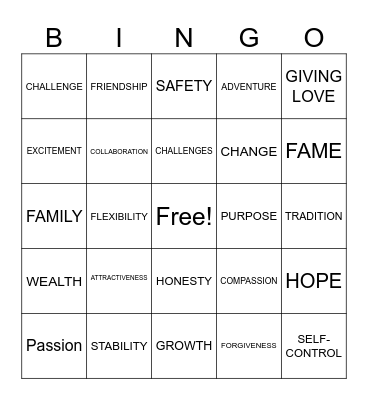 VALUES Bingo Card