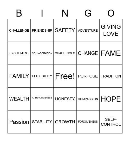 VALUES Bingo Card
