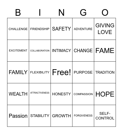 VALUES Bingo Card