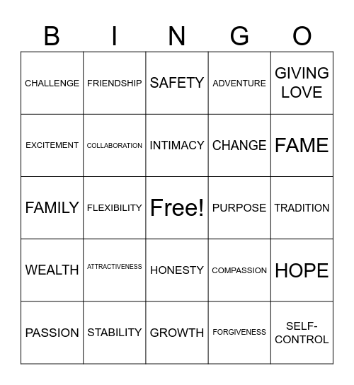 VALUES Bingo Card