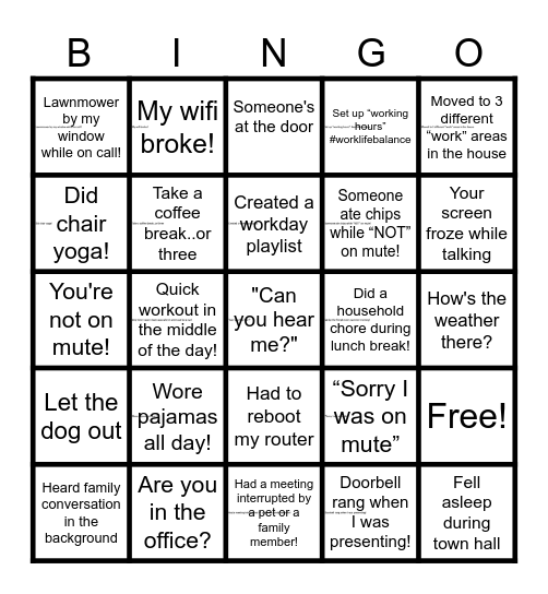 Remote Work Bingo Card