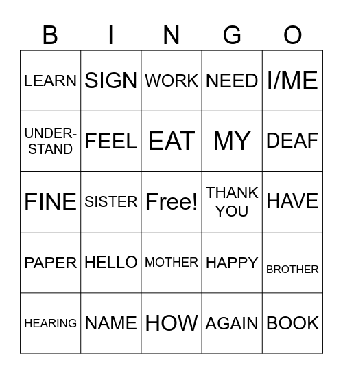 ASL 2: Unit 1: Topic 1: Review ASL Basic Bingo Card