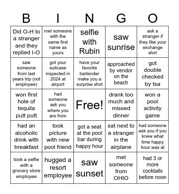 vacation bingo Card