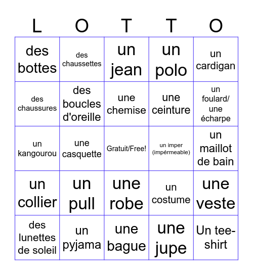 Les Vêtements Bingo Card