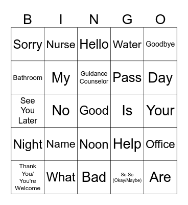 ASL Set 1 Vocab Bingo Card