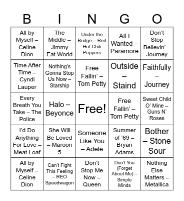 Power Ballads Bingo Card