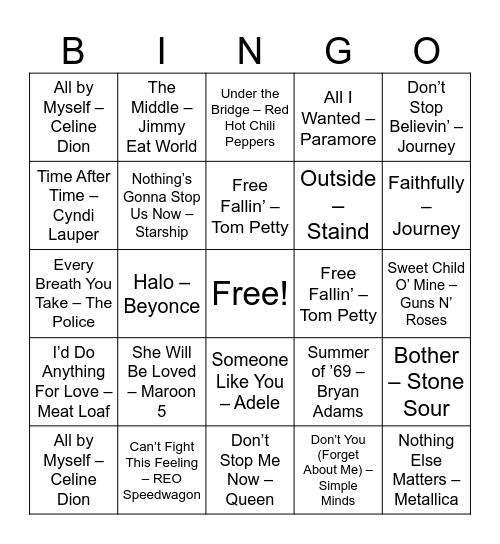 Power Ballads Bingo Card
