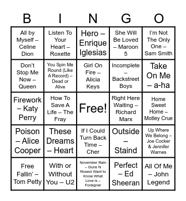 Power Ballads Bingo Card