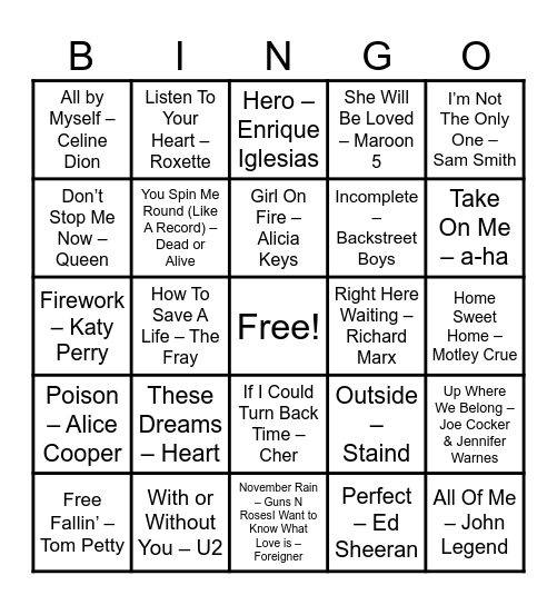 Power Ballads Bingo Card
