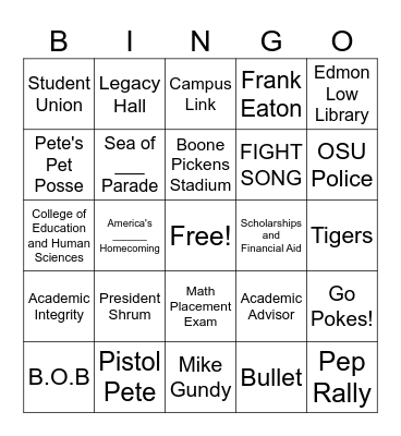 OSU Homecoming Week Bingo Card