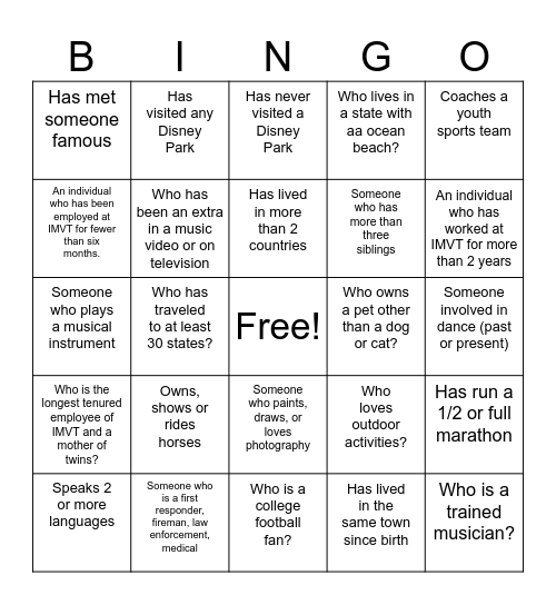 IMVT 2024 All Hands Meet Your Co-Workers Bingo Card