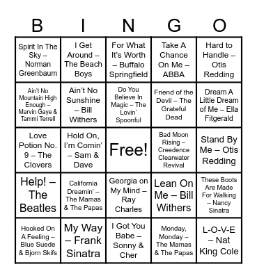 Golden Oldies Bingo Card