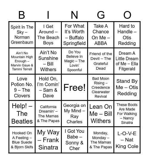 Golden Oldies Bingo Card