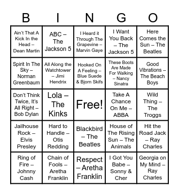 Golden Oldies Bingo Card