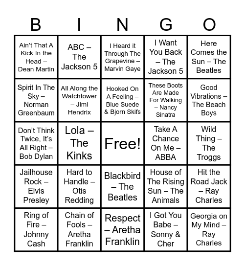 Golden Oldies Bingo Card