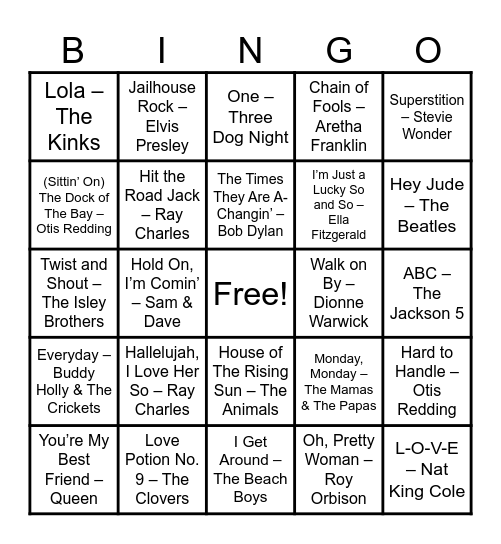 Golden Oldies Bingo Card
