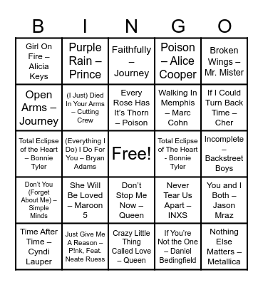 Power Ballads Bingo Card