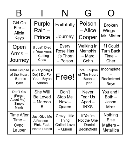 Power Ballads Bingo Card