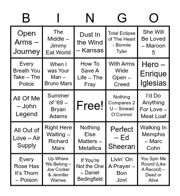 Power Ballads Bingo Card